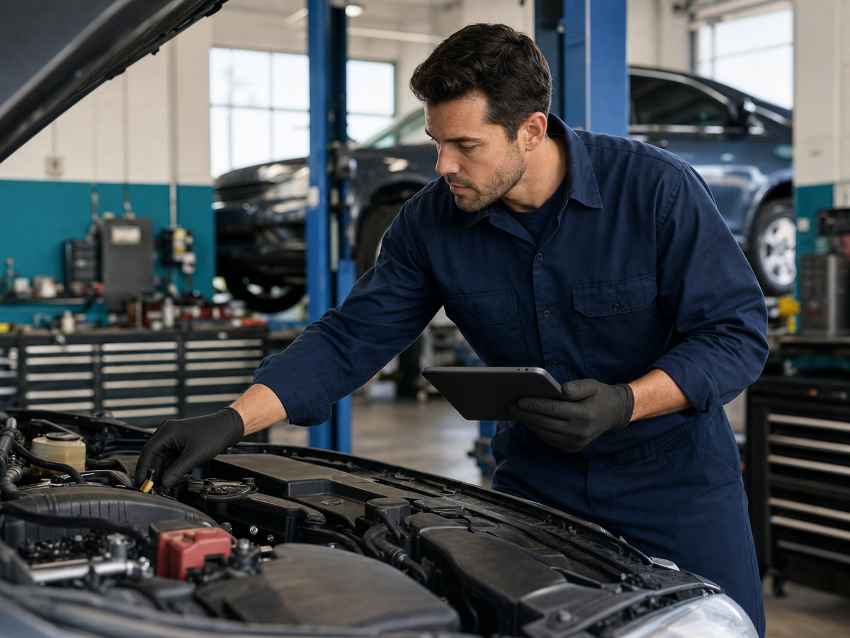 Automotive technician inspecting a vehicle with diagnostic equipment