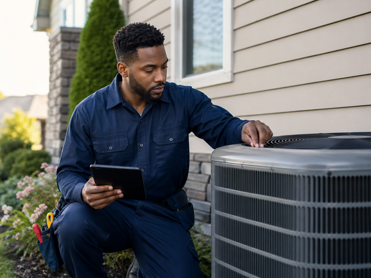 HVAC technician servicing a residential air-conditioning unit