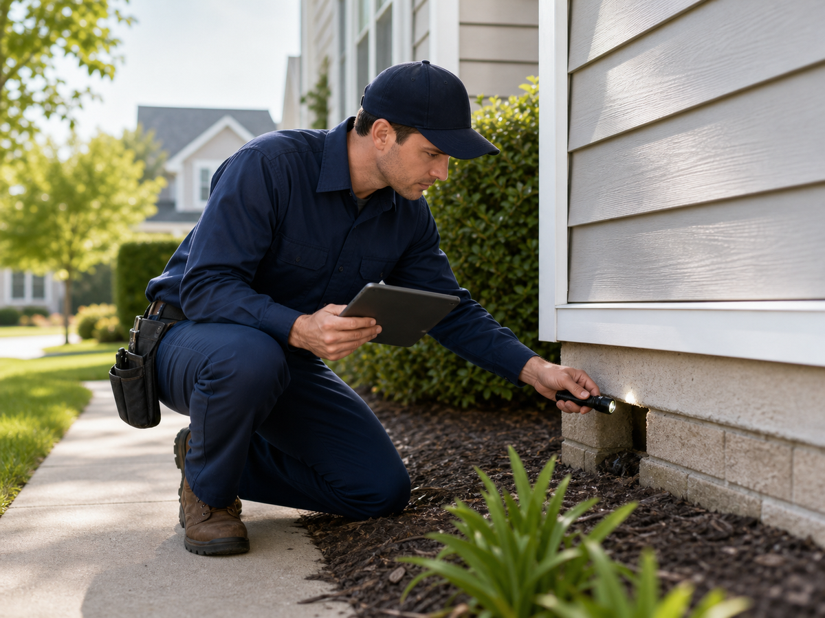 Pest-control technician inspecting a residential property