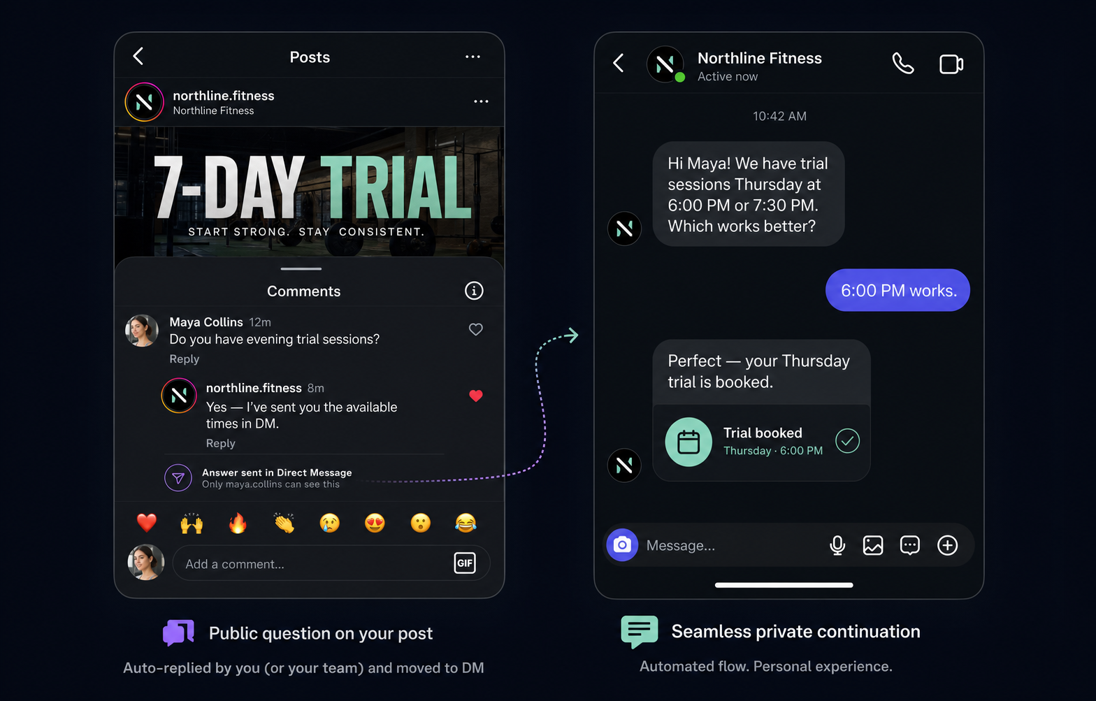 Instagram automation replying to Maya Collins and continuing the conversation in direct messages