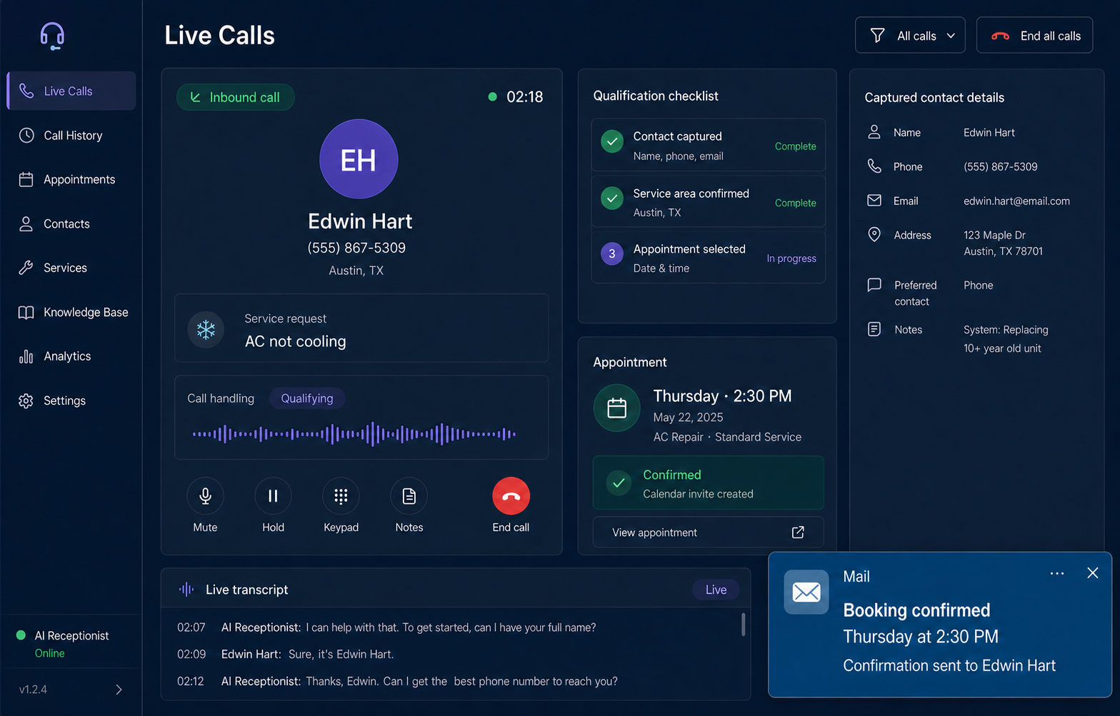 AI voice receptionist answering a call and confirming an appointment for Edwin Hart