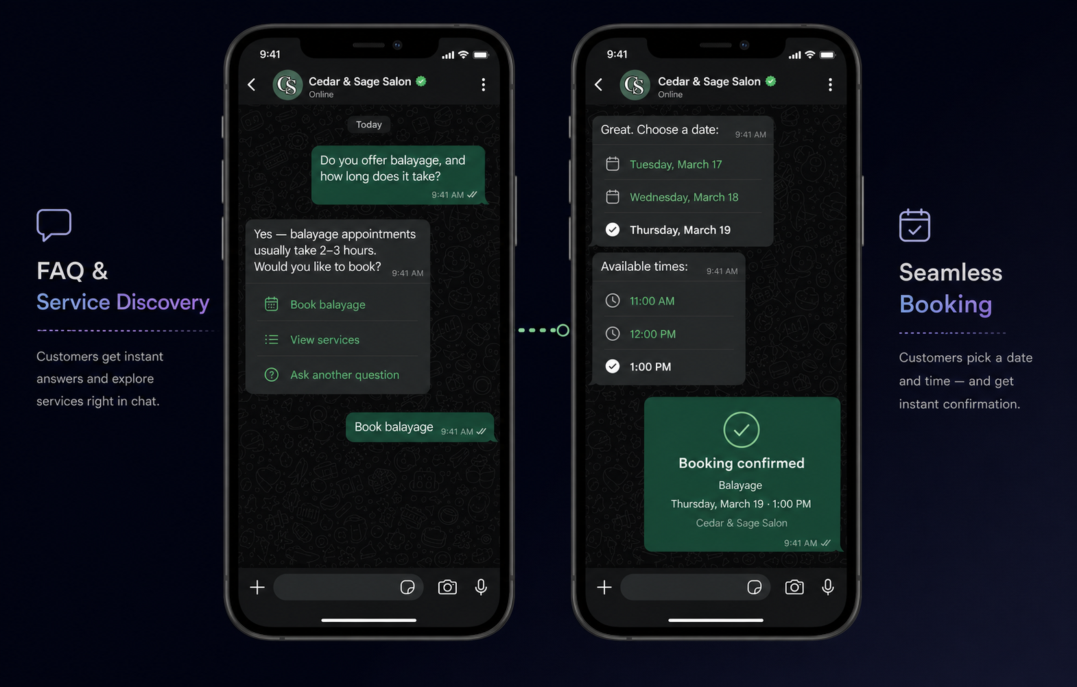 WhatsApp agent answering a service question and completing a booking